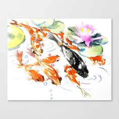 watercolor painting of koi fish and lily pads with pink flower on white background