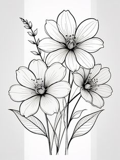 black and white drawing of three flowers