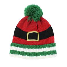 a red and green striped hat with a gold buckle on the front, two pom - poms at the bottom