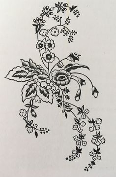 an ink drawing of flowers and leaves on white paper