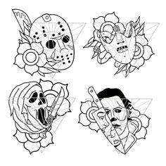 four masks with different designs on them, one has a skull and the other is a demon