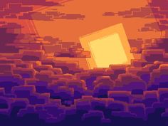 an orange and purple background with a square in the center surrounded by smaller squares that appear to be floating