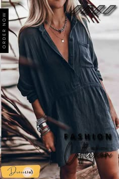 Casual Loose V-neck Cotton and Linen Long Sleeves Mini Dress Beach Inspired Outfits, Linen Casual Dress, Linen Loose Dress, V Neck Dresses, Summery Outfits, Linen Mini Dress, Short Dresses Casual, Celebrity Street Style, Loose Outfit