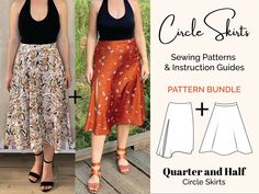 "My top 2 most popular sewing patterns are now available as a PATTERN BUNDLE! You can still buy them individually but save $6 by buying them together. Both skirts only need a waist measurement to fit perfectly!  They fit sizes 22-47\" or 56 cm - 120 cm. The patterns come in letter format using inches, A4 format using metric centimeters, and A0 copy shop size. The instructions also come in letter and A4 sizes. Each pattern has a uber detailed instruction guide that will breeze you through the sew Quarter Circle Skirt, Skirt Sewing Patterns, Popular Sewing Patterns, Half Circle Skirt, Circle Skirt Pattern, Beginner Sewing Patterns, Skirt Sewing, Beginner Sewing, Letter Format