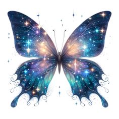 a blue and purple butterfly with stars in the wings on it's back side