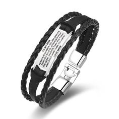 a black leather bracelet with stainless steel clasp and engraved message on the front, featuring an id