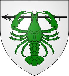 a green scorpion on a white shield with an arrow in the middle and two claws at the center