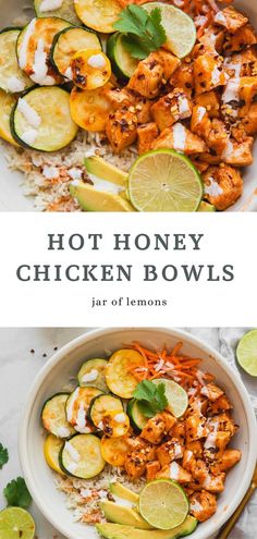 chicken bowls with lemons, cucumbers and other vegetables in them on a white plate