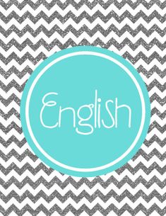 the word english is written in white and blue on a chevroned background with gray and