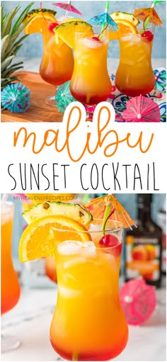 sunset cocktail Malibu Sunset Cocktail Recipe, Cocktails With Malibu, Malibu Sunset Cocktail, Malibu Mixed Drinks, Peach Schnapps Drinks, Sunset Cocktail Recipe, Summer Mixed Drinks, Malibu Rum Drinks, Summer Drinks Alcohol Recipes