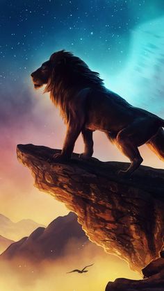 a lion standing on top of a cliff in front of the sky with stars above it