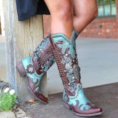 Women's Black Studded Faux Leather Knee-High Boots with Block Heels - Western Style Fashion Footwear for Fall and Winter 2024 - $64.99 Turquoise Boots, Tassel Heels, Rider Boots, Western Women, Oversize Women, Western Boot, Thick Heel, Vintage Boots, Thick Heels