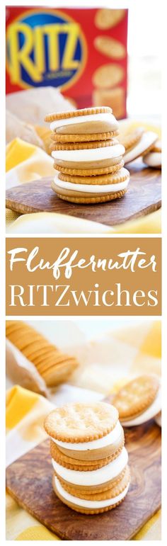 three different views of an assortment of biscuits and crackers on a table with the words fluffman's ritzwichs