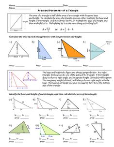 the worksheet for an area and perimeter of triangles is shown in this image