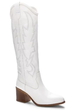 Tonal flame stitching marks the shaft of a standout Western boot refreshed with an almond toe and a stacked block heel. Chinese Laundry 2" heel 15 1/4" shaft Synthetic upper, lining and sole Imported Western Boot, White Boots, Chinese Laundry, Western Boots, Block Heels, Almond, Stitching, Boots, Heels