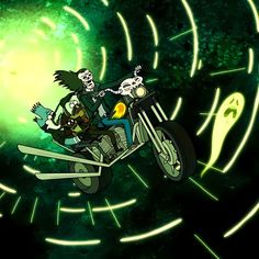 two skeletons riding on the back of a motorcycle in front of a green swirl background