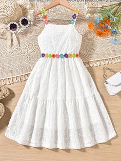 Tween Girls Floral Print Casual Beachwear Cami Dress With Applique Decoration White Cute,Boho  Sleeveless Fabric Floral,Plain Cami Non-Stretch  Tween Girls Clothing, size features are:Bust: ,Length: ,Sleeve Length: