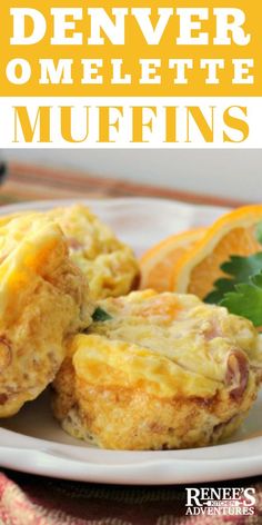 an egg muffin on a plate with oranges and parsley