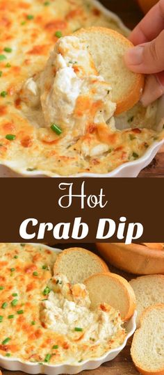 this hot crab dip is the perfect appetizer to serve on toasted bread