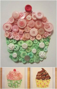 two pictures with buttons on them and one has a cupcake in the middle,