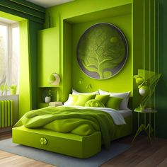 a bedroom with green walls and white bedding, an art work on the wall