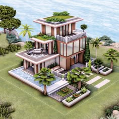 an artist's rendering of a house on the beach with palm trees and landscaping