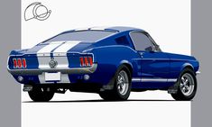 a blue mustang muscle car with white stripes