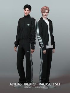 two people standing next to each other wearing adidas firebird tracksuits