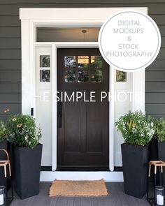 two black planters are on the front steps of a gray house with a white sign that says, digital mocks & stock photography