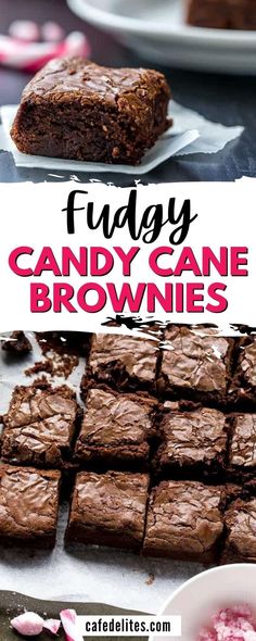 fudgey candy cane brownies on a table with pink flowers in the background