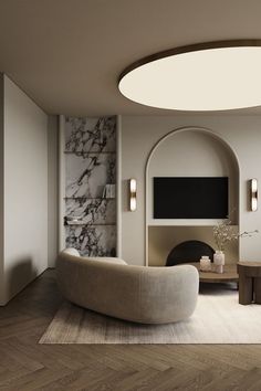 an elegant living room with marble walls and flooring