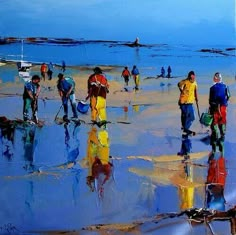 a painting of people walking on the beach