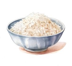 a blue and white bowl filled with rice