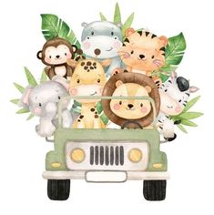 a car filled with lots of animals driving down a street next to palm trees and leaves