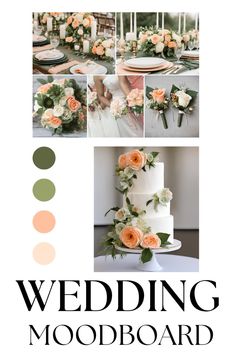 wedding mood board with peach and white flowers