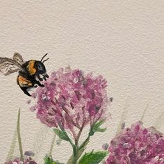 a painting of a bee flying over some flowers