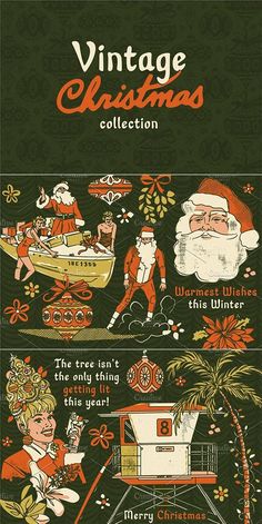 an old fashioned christmas card with santa claus and other holiday decorations on it, including palm trees