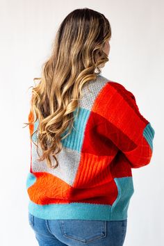 Your favorite patchwork Cardigan has entered the chat and p.s. it's way better fitting than grandpa's. Introducing the June Patchwork Oversized Cardigan in a fun, colorful combination of blue, red, orange and gray. It's heavy enough for cool nights in so Cal or winter days in NYC. The versatile knitted patchwork design has intricate pattern detail with large button closure allows you to dress it up or keep it casual Details: Material: Acrylic/Polyester/Nylon Blend Oversized Fit Woven and Knitted Blue Patchwork Sweater For Fall, Red Sweater For Fall, Multicolor Patchwork Sweater For Layering, Red Patchwork Sweater For Fall, Red Color Block Sweater For Fall, Blue Color Block Cardigan For Fall, Retro Color Block Cardigan For Fall, Retro Patchwork Sweater For Fall, Fall Patchwork Red Sweater