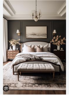 a large bed sitting in a bedroom on top of a wooden floor