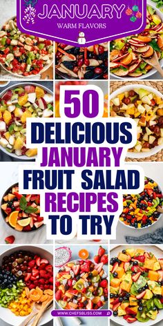 the cover of january's 50 delicious january fruit salad recipe book is shown in multiple pictures