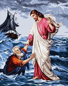 an image of jesus walking on the water next to a man with a boat in his hand