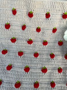 there is a crocheted blanket with strawberries on it and a teddy bear