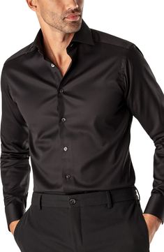 Cut in a slim fit, this sharp dress shirt is constructed from high-performance, crease-resistant cotton and fitted with a moderate spread collar and mitered, adjustable button cuffs. Permanent collar stays French placket Back yoke Darts at the back to adjust the width Curved hem 100% cotton Machine wash, dry flat Imported Men's Furnishings Black Dress Shirt Men, Mens Black Shirt, Shirt Outfit Men, Twill Dress, Pants Outfit Men, Shirt Dress Outfit, Black Button Down Shirt, Slim Fit Dress Shirts, Clothing Mockup