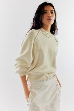 The *perfect* pullover, this cozy sweater features a soft fabrication and relaxed fit with slouchy long-sleeves and ribbed knit hems. **Fit:** Slouchy, relaxed fit **Features:** Soft knit fabrication, mock-neckline, raglan-cut sleeves with elasticated cuffs, ribbed hems, exposed seam detail **Why We ❤ It:** This sweater is a timeless addition to any collection of cozy layers. | Riley Pullover by Free People in White, Size: L Maxi Jumpsuit, Pullover Cardigan, Cozy Pullover, Mock Neckline, Cozy Sweater, Sweaters Knitwear, Ribbed Sweater, Cozy Sweaters, White Sweaters