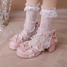 Customized Product. is not eligible for return. Ship In 5-15 Days.Fabric Material: PuColor: Black. Pink. Beige. WhiteHeels Height: 5cm/1.97" Lolíta Shoes, Pink And White Heels, Pink Cute Shoes, Cute Pink Shoes, Pink White Aesthetic, Shoes With Bows, Fairy Shoes, Halter Dress Short, Cosplay Kawaii