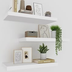 two white shelves with plants and pictures on them, one has a potted plant