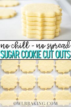 no chill no spread sugar cookie cut outs on a baking sheet with text overlay