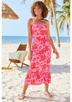 Pink & Red Strapless Floral Dress X29723 | LASCANA Red Strapless Dress For Beach Season, Pink Midi Dress For Beach Party, Pink Midi Dress For Beach Season Parties, Midi Dress For Beach Season Parties, Strapless Beachwear Dresses, Floral Print Midi Dress For Beach Season, Floral Print Midi Beach Dress, Flirty Maxi Dresses For Beach Season, Flirty Maxi Length Dresses For Beach Season