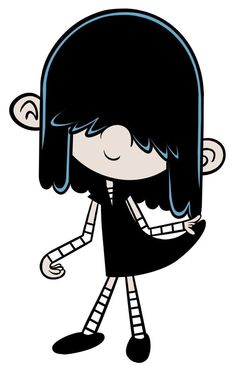 a cartoon girl with black hair and blue eyes is holding her hand out to the side