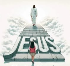 a woman standing on top of a stairway with the words jesus above her